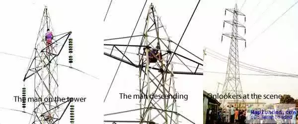 Photo: Man Climbs, Stays On Lagos High-Tension Tower For Hours
